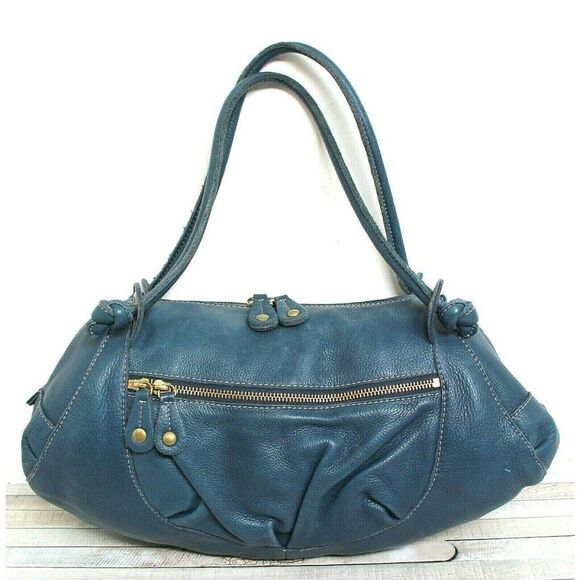 TREASURE TOPKAPI BLUE GENUINE LEATHER ZIP TOP SHOULDER BAG PURSE SATCHEL - Picture 1 of 10